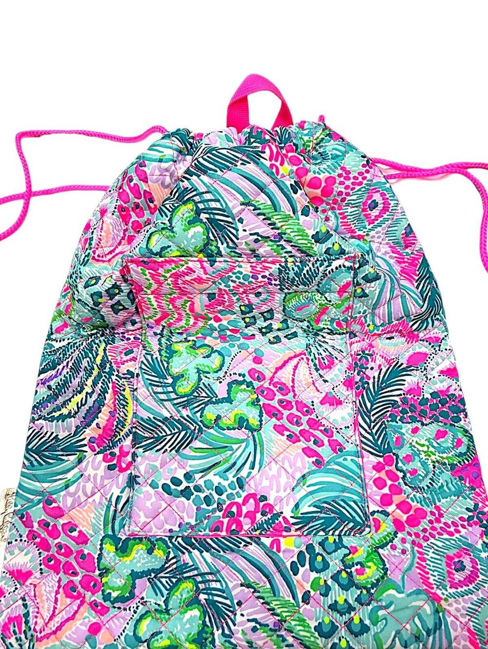 Lilly Pulitzer Quilted Floral Drawstring Backpack in Pink, Teal, and Green - Picture 4 of 5